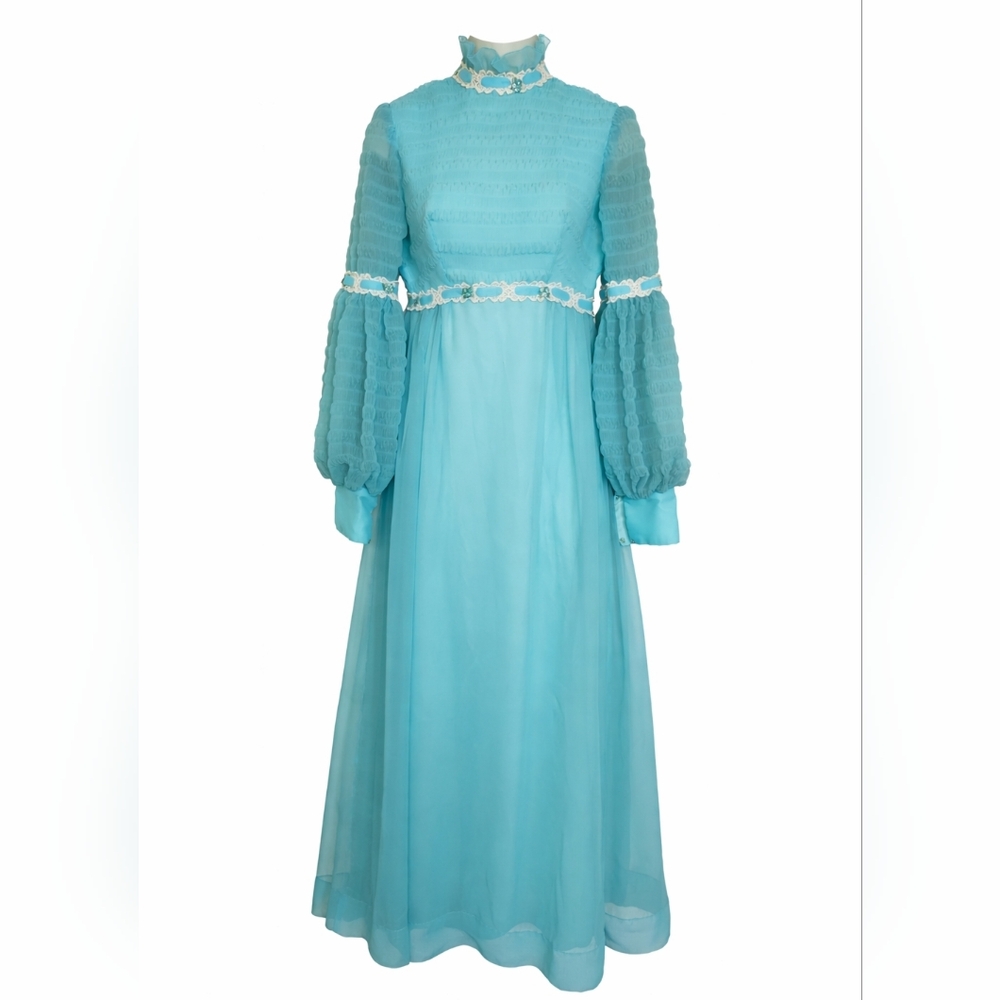Vintage 1970s Aqua Prairie Dress Romantic Bishop Sleeve Lace Trim Chiffon Maxi